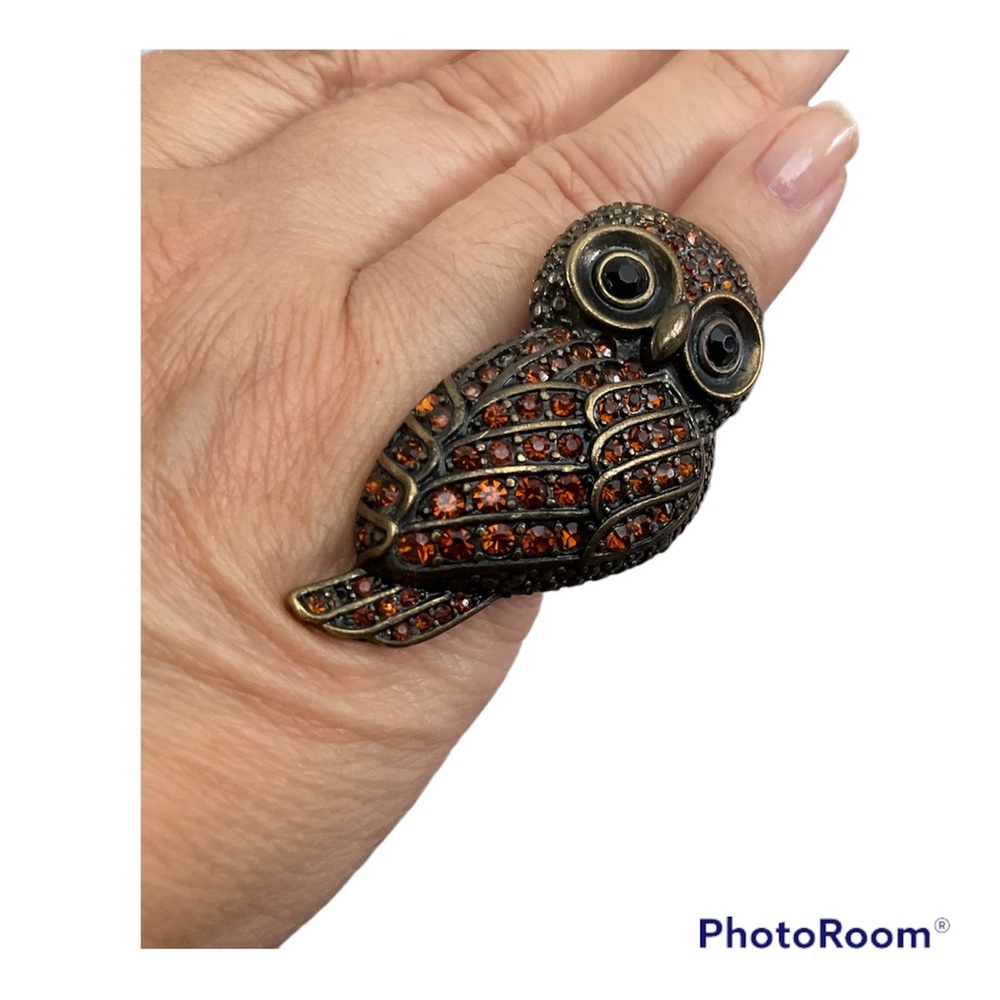 Large Owl Ring rhinestone Bronze sz 5.5